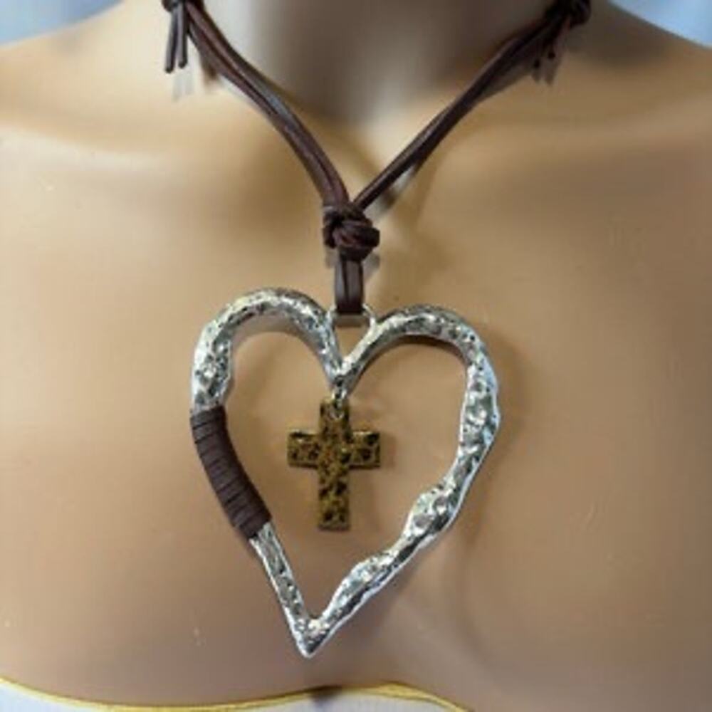 Boho Hippie Christian Heart Cross Adjustable Slip Knot Leather Necklace